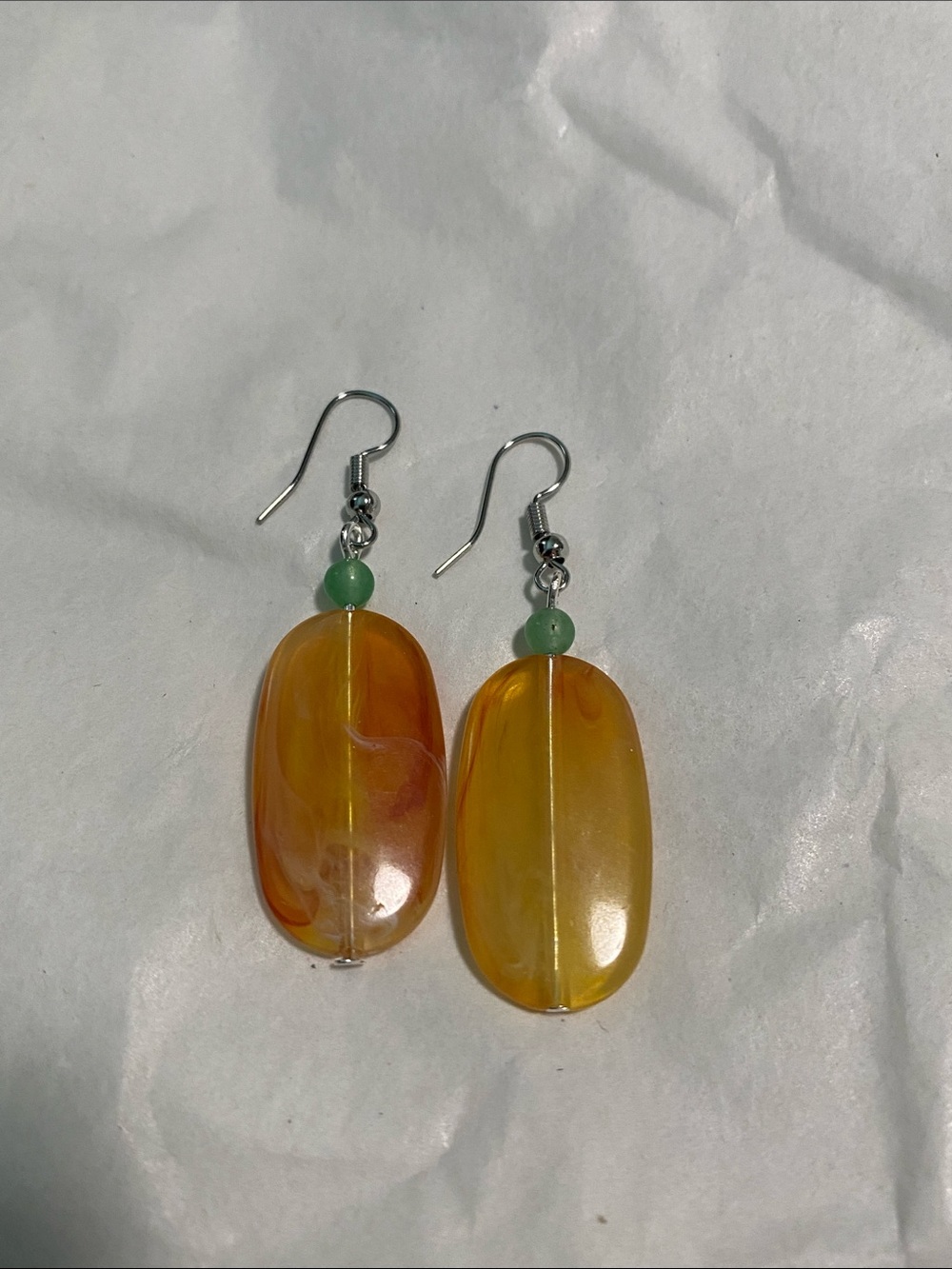 Amber-Tone Oval Drop Earrings with Green Accent Beads - Women Jewelry